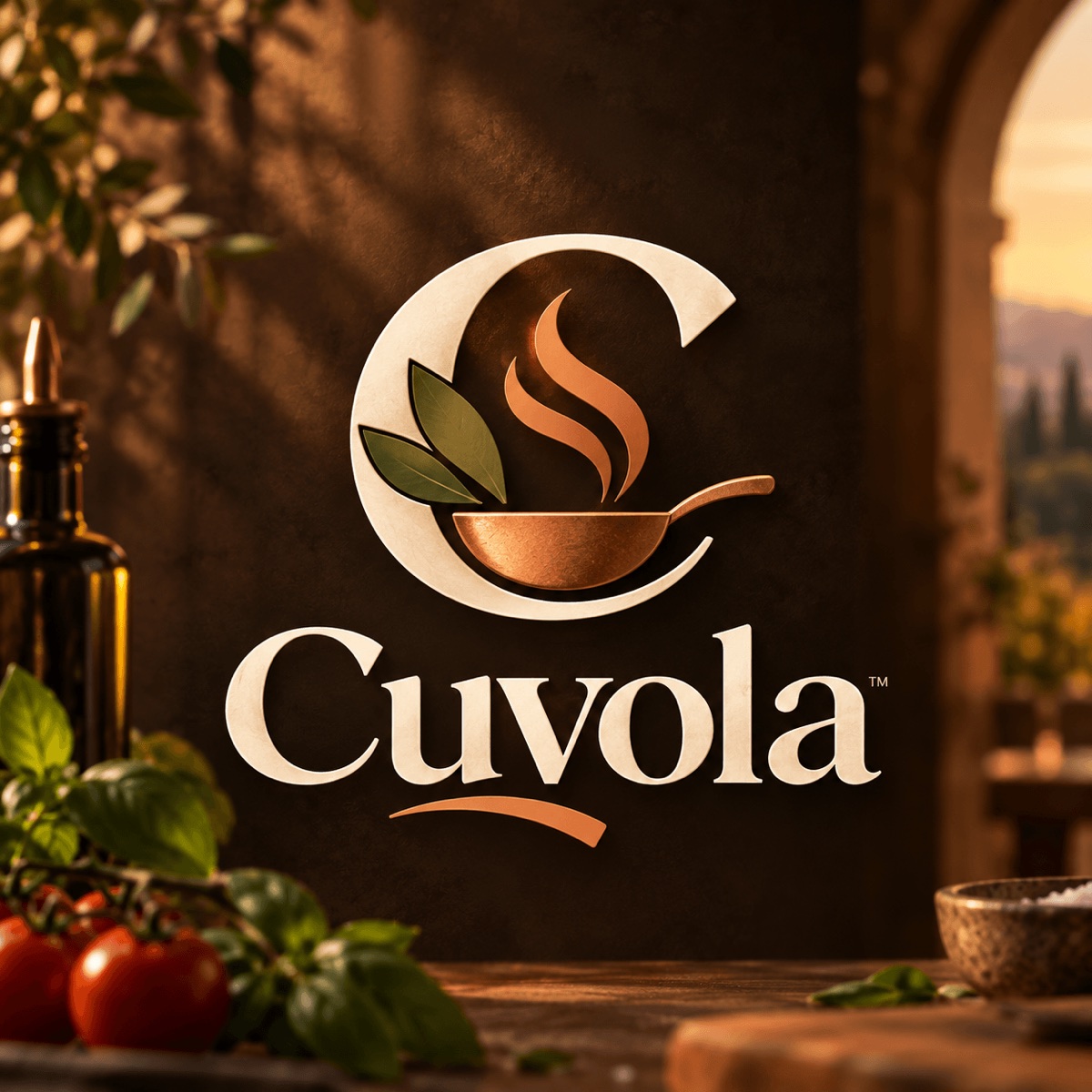 Cuvola’s copper pan and basil emblem in a warm, sunlit kitchen